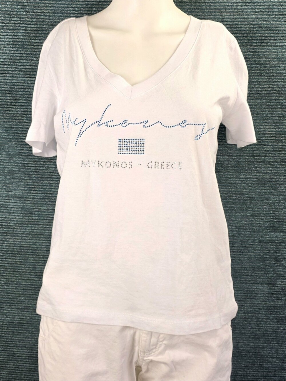 Mykonos Greece Ladies V-Neck! Tee Shirt, Studded & Sparkly